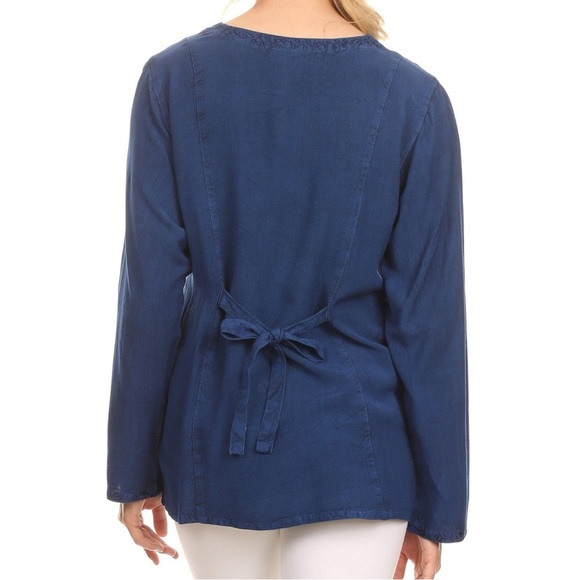 Sakkas Fedella Deep Scoop Neck Longsleeve Top Adjustable Back Straps Blue 1X/2X - Picture 14 of 14